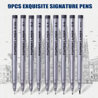9Pcsset Pigment Liner Micron Ink Marker Pen 0.05 0.1 0.2 0.3 0.4 0.5 Brush Tip Black Fineliner Sketching Manga Drawing Pen