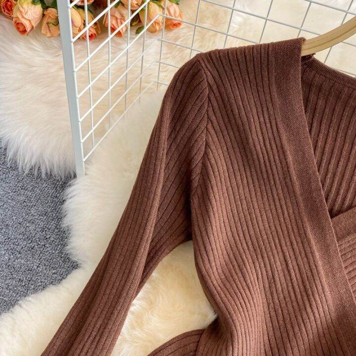 korean-style-women-ladies-autumn-winter-slim-knitted-knitwear-knit-v-neck-tops-long-sleeve-shirt-blouse-baju-baju-wanita-lengan-panjang