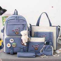 ▪♛✸ New 5 Pcs Sets Women High School Bags Nylon Kawaii Women Girls Backpack Fashion Book Bags Female with Plush Pendant Cute