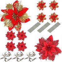 【cw】 5Pcs 14cm Glitter Artificial FlowersDecoration ChristmasOrnaments Decorations Fake Flowers Xmas New Year Decor