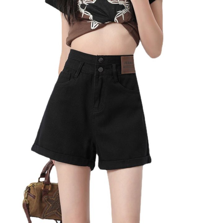 กางเกงขากว้างผ้ายีนส์ออกแบบกระดุมคู่สาวฮอตสำหรับผู้หญิง-2023-ฤดูร้อนใหม่เอวสูงหลวมและบาง-a-กางเกงขาสั้นผู้หญิง