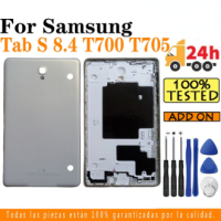 แท็บปลอกหุ้มสำหรับ Samsung Galaxy ด้านหลัง S 8,4 T705 SM-T700 T700 SM-T705กรอบกลางฝาครอบหลังกระจกแบตเตอรี่อะไหล่เคสประตูด้านหลังพร้อมอุปกรณ์เลนส์กรอบโลโก้