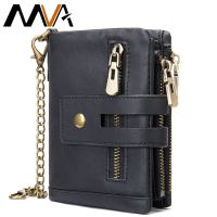 0New Mens Wallet with Chain Genuine Leather Purse RFID Blocking Bifold Double Zipper Coin Pocket with Anti-Theft Chain