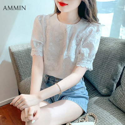 AMMIN 2023 summer new round neck short sleeve chiffon shirt womens Korean style embroidered three-dimensional flowers sweet puff sleeves white elegant blouse female ins tops