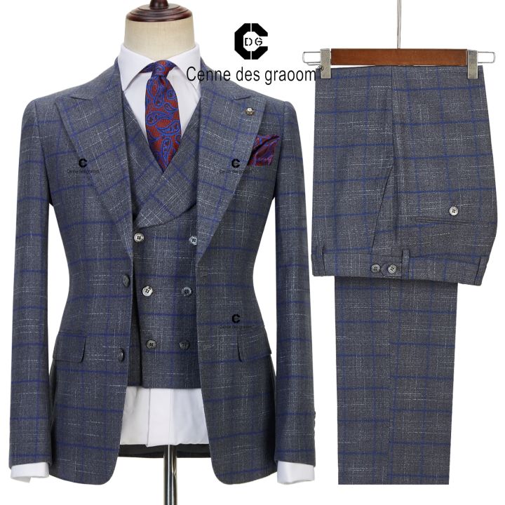 Cenne Des Graoom 2022 New Mens Grey 3 Piece Set Checked Suits Breasted ...