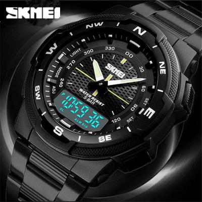 SKMEI ยี่ห้อ 1370 ผู้ชาย Digital Multi - Function สองเขตเวลานาฬิกาควอตซ์พร้อมจอแสดงผลรายสัปดาห์ 50 M กันน้ำนาฬิกากีฬาสแตนเลสนาฬิกา