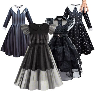2023 Wednesday Family Cosplay For Girl Costume 2023 Black Gothic Mesh Party Dresses Halloween Carnival Party Kids Clothes Suit