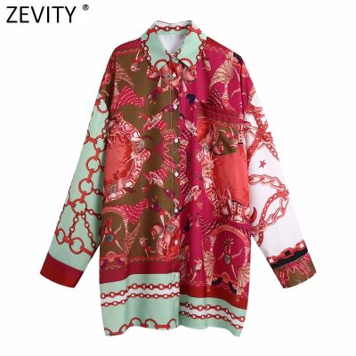 Zevity Women Vintage Chain Patchwork Irregular Print Oversize Blouse Ladies Chic Long Kimono Shirts Femininas Blusas Tops LS9430
