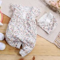 COD ✲┋ The Outline Shop27dgsd6gfd Newborn Baby Girl cute baju baby romper Murch Romper Clothing baby pajamas girl Floral Print Fly Sleeve Bodysuit with Hat 2PCS Cute Fashion Girl Playsuit Clothes For 0-18 Months Newborn Baby Birthday Gift
