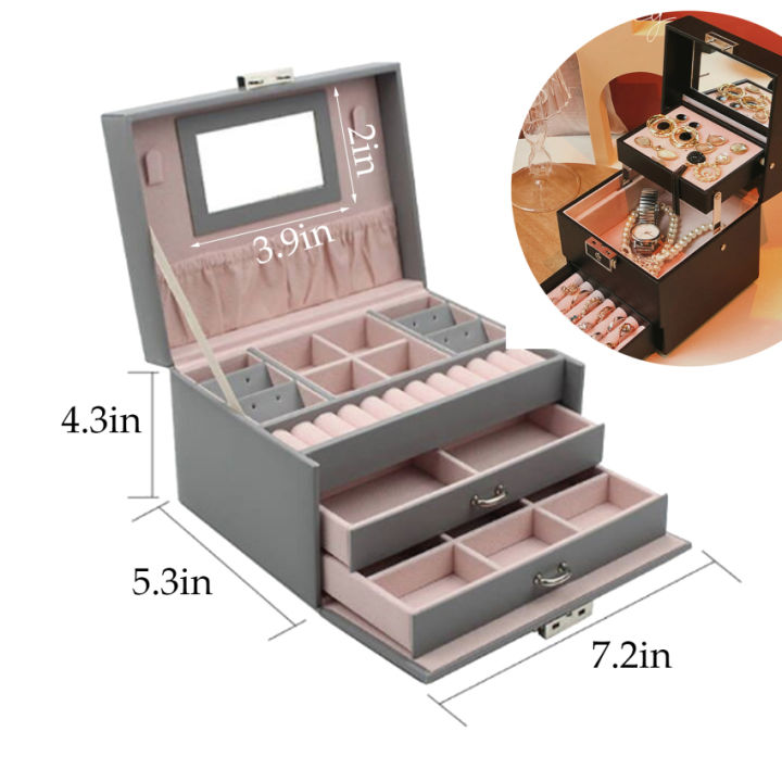 ภาษาอังกฤษ-กล่องเครื่องประดับขนาดใหญ่-ที่เก็บ3เครื่องประดับชั้นพร้อมลิ้นชัก-กระจกและล็อค-กล่องนาฬิกา-กล่องของขวัญสำหรับสร้อยคอ-แหวน-กำไล-นาฬิกา-ต่างหู