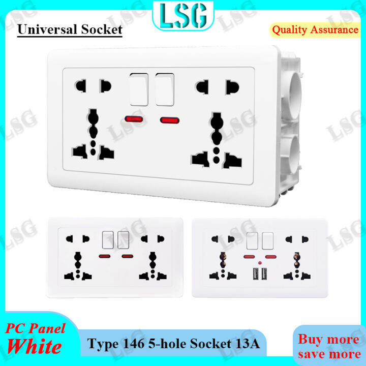 LSG Universal Wall Socket With LED Light Switch 146 Type Dual 5 Holes