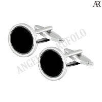 ANGELINO RUFOLO Cufflink(คัฟลิงค์) ดีไซน์ Onyx Circle กระดุมข้อมือคัฟลิ้งโรเดียมคุณภาพเยี่ยม ตัวเรือนสีเงิน ประดับตกแต่งด้วย Onyx