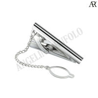 ANGELINO RUFOLO Tie Clip ดีไซน์ Double Line เข็มหนีบเนคไทโรเดียมคุณภาพเยี่ยม สีเงิน-ดำ