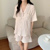 Womens Pajamas Cotton Girls Korean Cute Cherry Print Sleepwear 2 Piece Set Sweet Loose Lapel Homewear Short Sleeve Nightwear