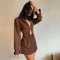 Simon Turn-down Collar on Women Two Piece Set Brown Long Sleeve Top High Waist Skirt Women Autumnoomph Slim Office Outfits