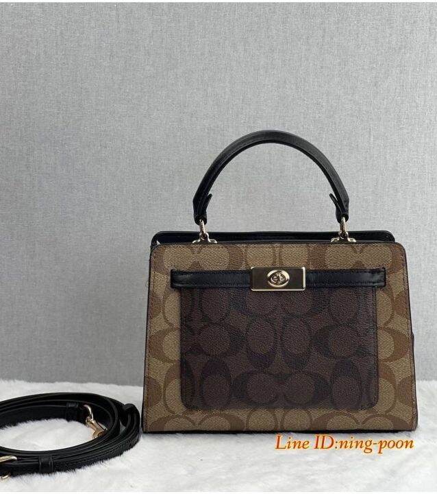 Original Coach Mini Lane Top Handle Bag In Colorblock Signature Canvas C8318 Khaki/Brown