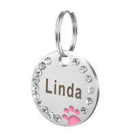 25มม.Dog Tag เปล่า Paw Rhinestone แมวสัตว์เลี้ยงชื่อไอดีแกะสลักพวงกุญแจโซ่