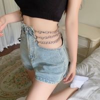 COD jfdss TIMO Ready Stock? design high waist chain hollow sexy hot girl denim shorts women loose A-line wide-legged thin hot pants