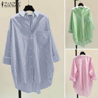 (จัดส่งฟรี)เสื้อผู้หญิง Esolo  Basic Formal OL High Low Hem Striped เสื้อแขนยาวลำลอง #3