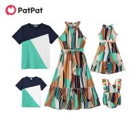 【YF】 PatPat Family Matching Outfits Colorblock Sleeveless Belted Halter Dresses and T-shirts Sets