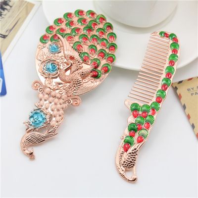 Vintage Peacock Handle Mirror Comb Set Portable Makeup Mirror Gift Box Pack Event gift Mirrors