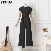 ➛➚Vonda ชุดจั๊มสูทยาว คอกลม แขนสั้น สีพื้น สไตล์วินเทจ สําหรับผู้หญิง