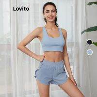 Lovito กางเกงขาสั้นลำลอง เอวยางยืดธรรมชาติ ทรงหลวม มีกระเป๋า 2-in-1 สีพื้น L03047 (สีน้ำเงิน)