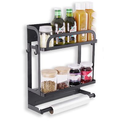 Magnetic Spice Rack Organizer 2 Tier Refrigerator Storage Shelf with Paper Towel Holder and Removable Hooks