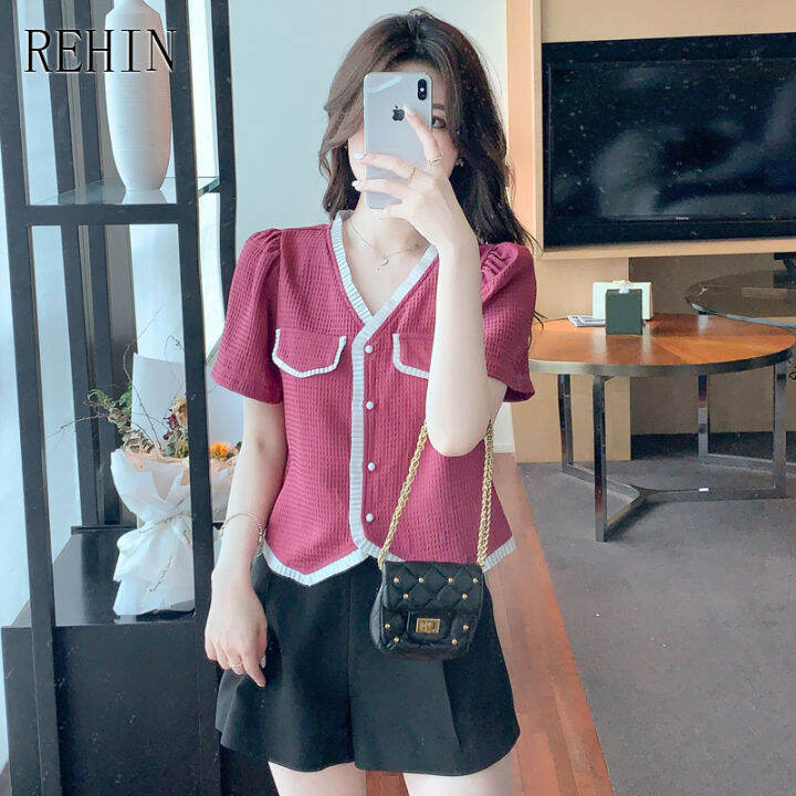 เสื้อสตรี-rehin-ใหม่คอวีแขนสั้นสไตล์ฝรั่งเศส-niche-chic-design-เสื้อหรูหรา