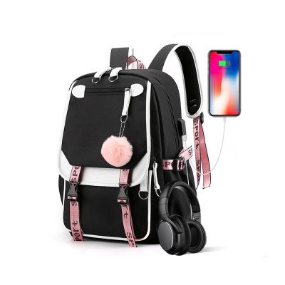 Large School Bags for Teenage Girls USB Port Canvas Schoolbag Student Book Bag Fashion Black Pink Teen School Backpack