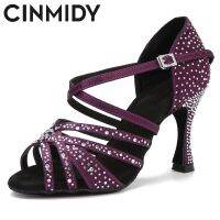 CINMIDY Latin Dance Shoes Woman Satin Rhinestones Soft Bottom Party Dance Shoes Salsa Dancing Shoes Ladies Wedding Sandals 7.5Cm