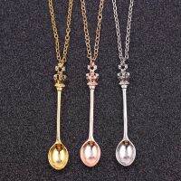 Charm Tiny Tea Spoon Shape Pendant Necklace With Crown For Women 3 Colors Creative Mini Long Link Jewelry Spoon Necklace