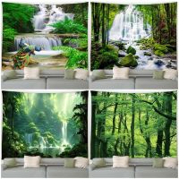 Forest Landscape Tapestry Green Peacocks Flowers Tropical Plants Waterfall Scenery Garden Wall Hanging Home Living Room Decor