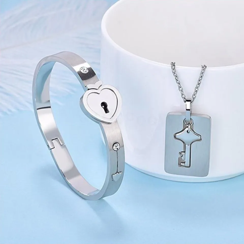 Cheap Couple Heart Lock Bracelet Necklace Titanium Steel Fashion Suit  Female | Joom
