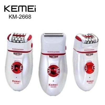 Kemei KM-2668 เครื่องถอนขนและโกนขนไร้สาย 2 in 1 หัวหมุนได้พร้อมยางนวด LED แสงส่องสว่าง - สีม่วง/ขาว