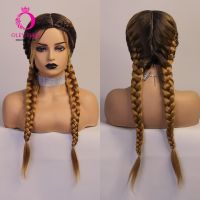 【jw】♧▲❂ Blonde Braided Synthetic Machine Wig Ombre Resistant 2 Color Wigs Oley