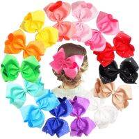 12 pcs 8 inches Glitter Sparkly Rhinestones Girls Larger Big Grosgrain Ribbon Hair Bows Alligator Hair Clips