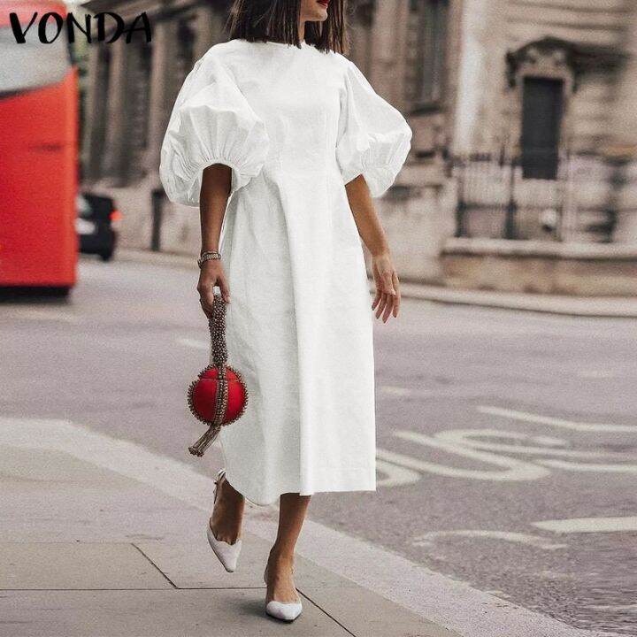 vonda-women-summer-round-neck-loose-puff-sleeve-dress