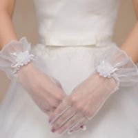 ☁✁✈ Bridal Gloves Full Finger Mesh Flower Wedding Accessories White Bow Lace-up Women Ladies wrist Length Translucent Gloves