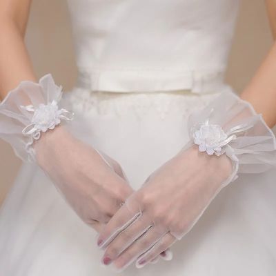 ☁✁✈ Bridal Gloves Full Finger Mesh Flower Wedding Accessories White Bow Lace-up Women Ladies wrist Length Translucent Gloves