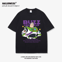 บัซ Lightyear การ์ตูนแขนสั้นเสื้อยืดผู้ชายสีดำฤดูร้อนใหม่ผ้าฝ้ายครึ่งแขน