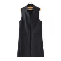 spring blazer vest coat women stand collar long suit vest black white dark blue with two pockets outwears chaleco largo mujer