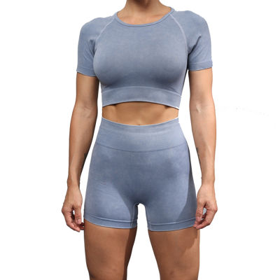 2pcs workout clothes for women acid wash seamless shorts set women fitness gym crop top summer yoga set biker shorts 2 piece set