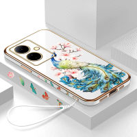 เคส Orico สำหรับ Vivo V29 5G Y78 Y78 5G + ฟรีสายคล้อง5G + เคสขอบสี่เหลี่ยมลายนกยูงเคลือบเคสโทรศัพท์หรูหราชุบเคสโทรศัพท์นิ่ม