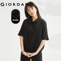 GIORDANO ผู้หญิง วาฟเฟิลถักสีทึบหลวมไหล่ตกแขนสั้นโปโล Free Shipping 05313451