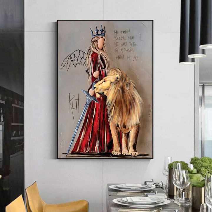 บทคัดย่อ-queen-และ-lion-พิมพ์โปสเตอร์ภาพวาดผ้าใบ-nordic-รูปภาพสำหรับห้องนั่งเล่น-wall-art-home-indoor-decoration