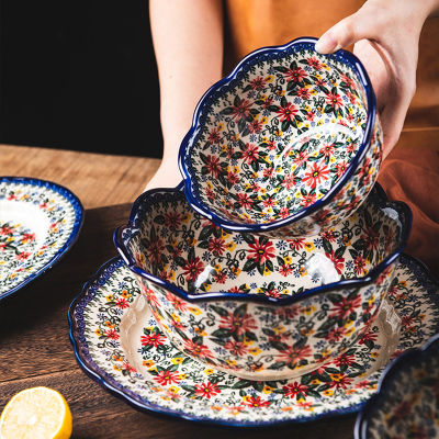 Ceramic Bakeware Household Hand Painted Salad Plate Rice Bowl Binaural Baking Pan Kitchen Tableware Retro Single Handle Bowl
