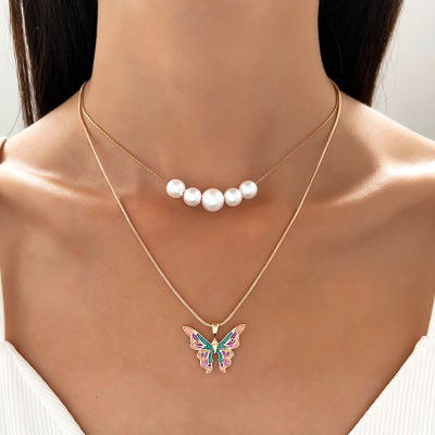 Double Chain Necklace Valentine Double Chain Jewelry Fashion Necklace Pearl Necklace Butterfly Necklace