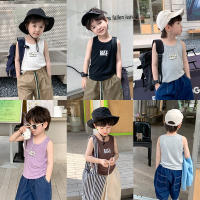 Childrens bottoming shirt boys and girls 2023 Summer handsome letter stretch sunken stripe cotton vest baby comfortable top fashion