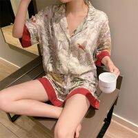 2022 Summer New Ladies Sweet Satin Silk Floral Printed Pajamas Set Short Sleeve Pants Women Ice Silk Cute Homewear Casual Wear